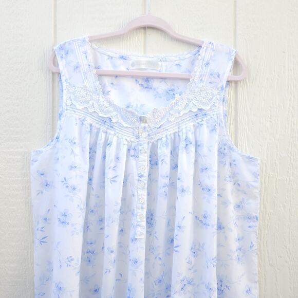 Eileen West Sleeveless Ballet Nightgown XL Blue Floral Pintuck Cottage READ - Picture 1 of 11